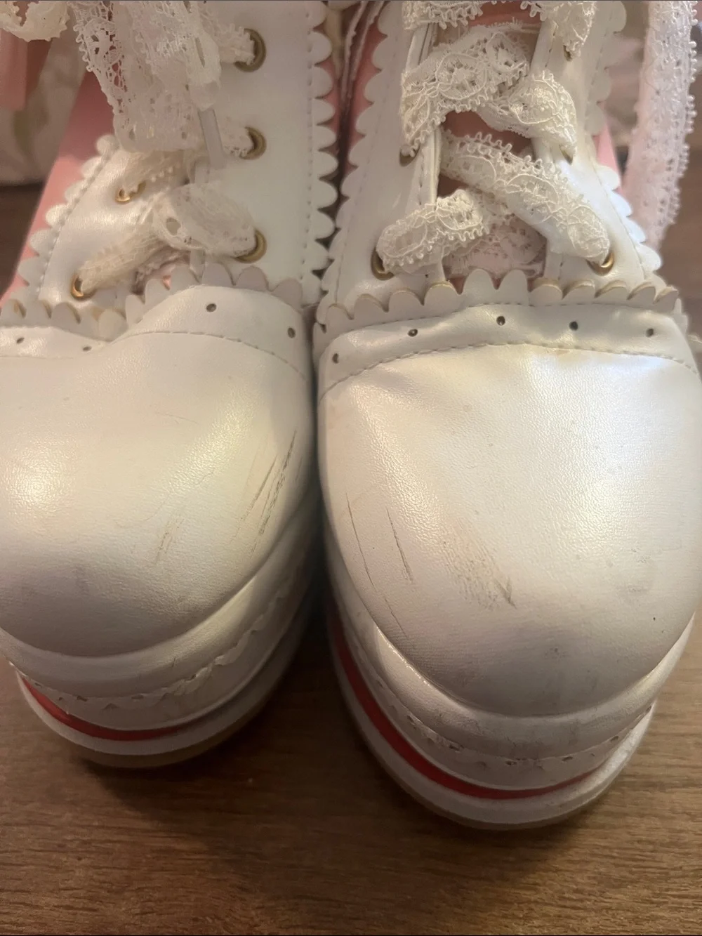 Lace-Up Pink and White Platform Boots - Feminine Floral Trim